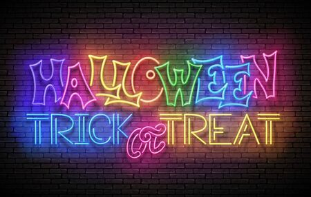 Glow Greeting Card with Halloween Trick or Treat Inscription. Neon Light Lettering. Shiny Template Poster, Banner, Invitation. Brick Wall. Vector 3d Illustration. Clipping Mask, Editableのイラスト素材
