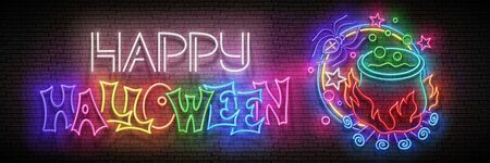Glow Halloween Greeting Card with Potion in Witch's Cauldron, Spider and Inscription. Neon Lettering. Shiny Template Poster, Banner, Invitation. Brick Wall. Vector 3d Illustration. Clipping Maskのイラスト素材
