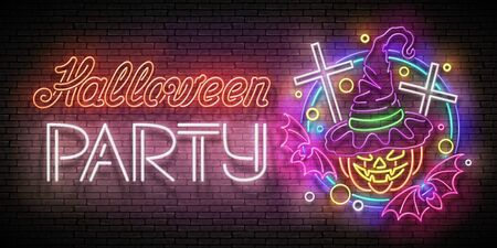 Glow Halloween Greeting Card with Witch Pumpkin, Crosses, Bats and Inscription. Neon Lettering. Shiny Template Poster, Banner, Invitation. Brick Wall. Vector 3d Illustration. Clipping Mask, Editableのイラスト素材