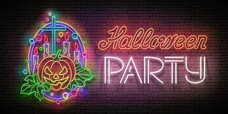 Glow Halloween Greeting Card with Witch Pumpkin, Cross, Candles and Inscription. Neon Lettering. Shiny Template Poster, Banner, Invitation. Brick Wall. Vector 3d Illustration. Clipping Mask, Editableのイラスト素材