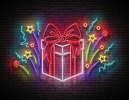 Vintage Glow Signboard with Gift and Confetti. Sale Flyer, Happy Birthday Greeting Card. Shiny Neon Light Poster, Banner, Invitation. Brick Wall. Vector 3d Illustration. Clipping Mask, Editableのイラスト素材