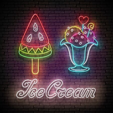 Vintage Poster with Ice Cream Balls in Vase and Watermelon Sorbet. Cafe Flyer. Neon Lettering. Template for Banner. Brick Wall. Vector 3d Illustration. Clipping Maskのイラスト素材