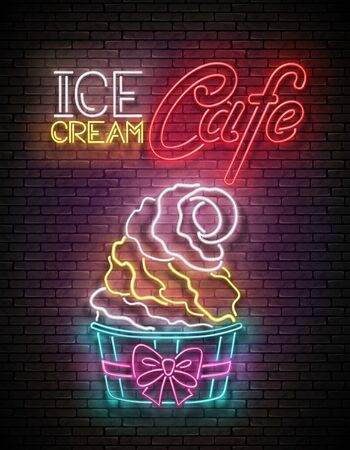 Vintage Poster with Ice Cream Cone in Paper Cup and Inscription. Neon Lettering. Template for Flyer, Banner, Invitation. Brick Wall, Vertical Seamless. Vector 3d Illustration. Clipping Mask, Editableのイラスト素材