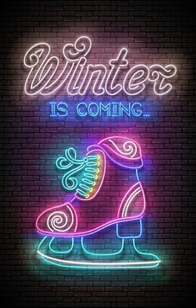 Glow Christmas Greeting Card with Decorative Stakes and Inscription. Happy New Year Postcard Template. Shiny Neon Poster, Flyer, Banner. Brick Wall. Vector 3d Illustration. Clipping Mask, Editableのイラスト素材