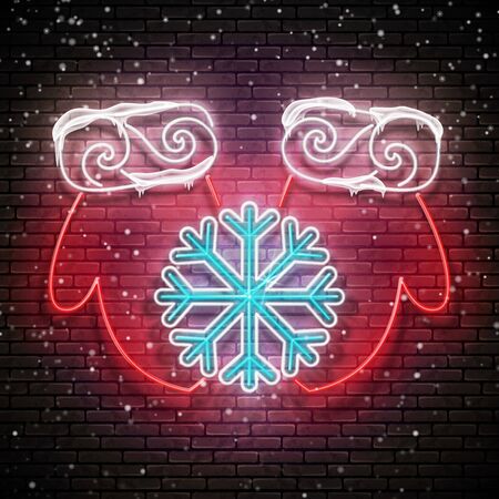 Glow Greeting Card with Freeze Snowflake on Santa's Mittens, Snowfall. Happy New Year, Merry Christmas Holiday Template. Neon Poster, Flyer, Banner. Brick Wall. Vector 3d Illustration. Clipping Maskのイラスト素材