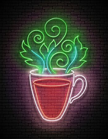 Vintage Glow Signboard with Tea Cup and Swirl Hot Steam. Cafe Label, Drink to go. Neon Poster, Flyer, Banner, Postcard, Invitation. Brick Wall. Vector 3d Illustration. Clipping Mask, Editableのイラスト素材