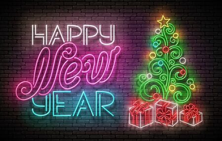 Glow Greeting Card with Christmas Tree, Gifts and Inscription. Happy New Year Holiday Postcard Template. Shiny Neon Poster, Flyer, Banner. Brick Wall. Vector 3d Illustration. Clipping Mask, Editableのイラスト素材