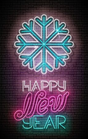 Glow Greeting Card with Freeze Snowflake and Inscription. Happy New Year, Merry Christmas Postcard Template. Shiny Neon Light Poster, Flyer, Banner. Brick Wall. Vector 3d Illustration. Clipping Maskのイラスト素材