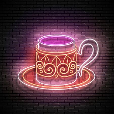 Vintage Glow Signboard with a Metal Cup of Turkish Coffee. Cafe Label, Traditional Drink. Neon Poster, Flyer, Banner, Postcard, Invitation. Brick Wall. Vector 3d Illustration. Clipping Mask, Editableのイラスト素材