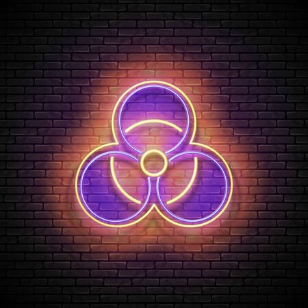Glow Biohazard Sign, World Coronavirus Contamination. Warning about Dangerous Zone. Template for Pandemic or Epidemic Informing. Neon Poster, Flyer, Banner. Vector 3d Illustration. Brick Wallのイラスト素材