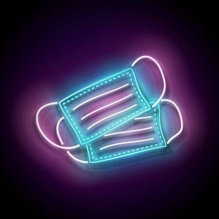 Glow Face Mask Protective. Pandemic Concept of Using Respirator for Prevention of Contamination. Template for Neon Poster, Flyer, Banner. Vector 3d Illustration. Glossy Backgroundのイラスト素材