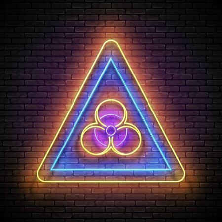 Glow Biohazard Sign, World Coronavirus Contamination. Warning about Dangerous Zone. Template for Pandemic or Epidemic Informing. Neon Poster, Flyer, Banner. Vector 3d Illustration. Brick Wallのイラスト素材