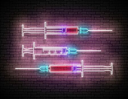 Set of Glow Medical Syringes with Blood. Template for Laboratory Testing Concept. Neon Poster, Flyer, Banner. Vector 3d Illustration. Brick Wallのイラスト素材
