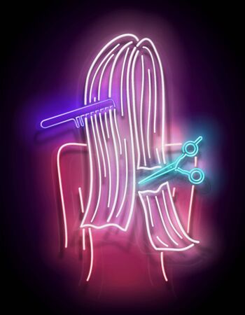 Glow Beautiful Woman Silhouette with Blond Hair, Haircut Process. Hairdresser Salon Template, Professional Trimming. Shiny Neon Light Poster, Flyer, Banner. Glossy Background. Vector 3d Illustrationのイラスト素材