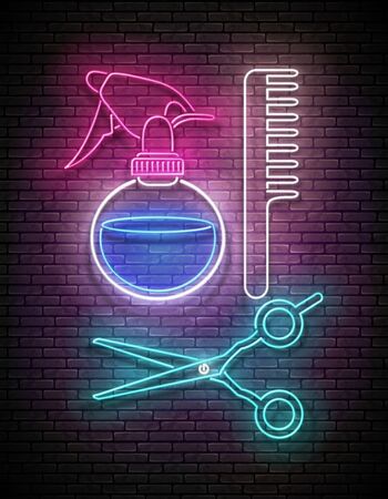 Glow Hairdressing Scissors, Hairbrush and Sprayer, Professional Hairstyling Tool. Barbershop, Hairdresser Salon Template. Shiny Neon Light Poster, Flyer, Banner. Brick Wall. Vector 3d Illustrationのイラスト素材