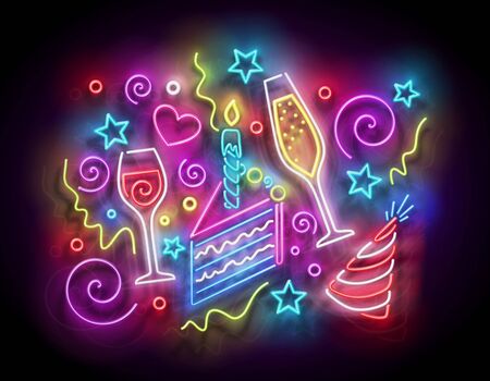 Glow Piece of Cake with Candle, Confetti, Champagne and Holiday Hat. Happy Birthday Greeting Card. Shiny Neon Light Template for Poster, Banner, Invitation. Glossy Background. Vector 3d Illustrationのイラスト素材