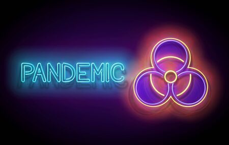 Glow Biohazard Sign, World Coronavirus Contamination. Warning about Dangerous Zone. Template for Pandemic or Epidemic Informing. Neon Poster, Flyer, Banner. Vector 3d Illustration. Glossy Backgroundのイラスト素材