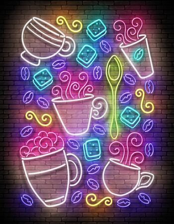 Vintage Glow Signboard with a Cups of Different Coffee. Cafe Label. Cappuccino, Espresso, Americano, Drink To Go. Neon Poster, Flyer, Banner, Postcard, Invitation. Vector 3d Illustration. Brick Wallのイラスト素材