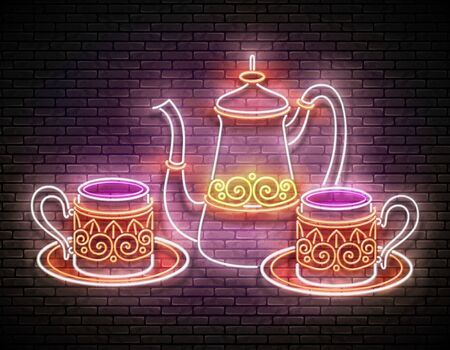 Vintage Glow Signboard with a Metal Cups and Pot of Turkish Coffee. Cafe Label, Traditional Drink. Neon Poster, Flyer, Banner, Postcard, Invitation. Brick Wall. Vector 3d Illustrationのイラスト素材