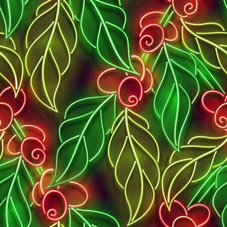 Glow Seamless Pattern with Branch of Coffee Tree. Organic Shop Label. Seeds of Plant. Neon Poster, Flyer, Banner, Postcard, Invitation. Glossy Background. Vector 3d Illustrationのイラスト素材
