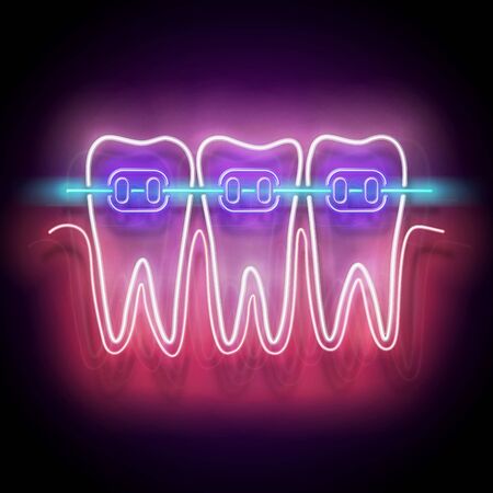 Glow Dentition with White Teeth and Braces. Orthodontic Clinic Concept Template. Neon Light Poster, Flyer, Banner, Signboard. Glossy Background. Vector 3d Illustrationのイラスト素材