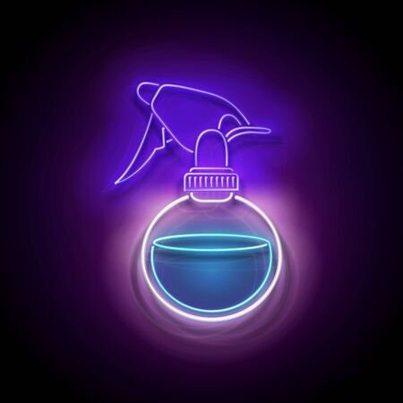 Glow Hairdressing Sprayer, Professional Hairstyling Tool. Barbershop, Hairdresser Salon Template. Shiny Neon Light Poster, Flyer, Banner. Glossy Background. Vector 3d Illustrationのイラスト素材