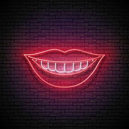 Glow Beautiful Smile with White Teeth and Red Lips. Dentist Clinic Concept Template. Neon Light Poster, Flyer, Banner, Signboard. Brick Wall. Vector 3d Illustrationのイラスト素材