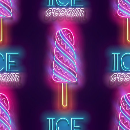 Seamless pattern with glow Lolly Pop Ice Cream and Inscription. Sweet Dessert Concept. Neon Light Texture, Signboard. Glossy Background. Vector 3d Illustrationのイラスト素材