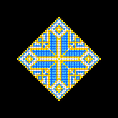 Realistic Cross-Stitch Embroideried Ornate Element. Ethnic Motif, Handmade Stylization. Traditional Ukrainian Yellow and Blue Embroidery. Ethnic Single Design Element. Vector 3d Illustrationのイラスト素材