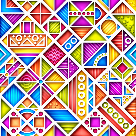 Seamless Colorful Geometric Pattern, Crazy Patchwork Quilt Ornament. Endless Modern Mosaic Texture.  Fabric Textile, Wrapping Paper, Wallpaper. Vector 3d Illustration. Abstract Artのイラスト素材