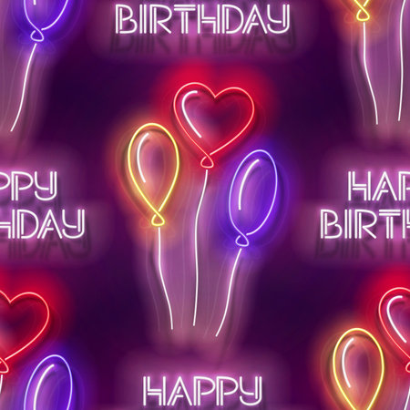 Seamless pattern with  glow Different Form Balloons and Inscription. Happy Birthday and Holiday Party Mood. Neon Light Texture, Signboard. Glossy Background. Vector 3d Illustrationのイラスト素材