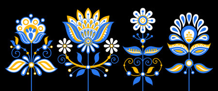 Set of Flowers Inspired by Ukrainian Traditional Embroidery. Ethnic Floral Motif, Handmade Craft Art. Traditional Ukrainian Yellow and Blue Embroidery. Single Design Elements. Vector Illustrationのイラスト素材