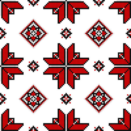 Cross-Stitch EmbroideriedSeamless Pattern with Ornate Element. Ethnic Motif, Handmade Stylization. Traditional Ukrainian Red and Black Embroidery. Ethnic Design Element. Vector 3d Illustrationのイラスト素材