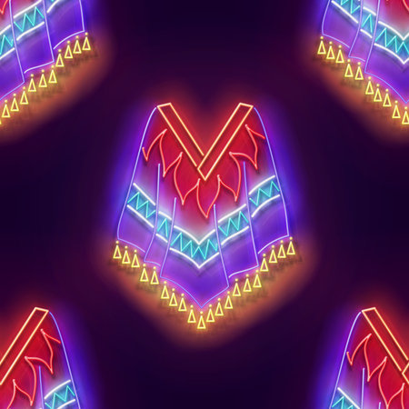 Seamless pattern with glow Poncho, Ethnic Mexican Culture. Day of the Dead, Dia de los Muertos, Cinco de Mayo Holidays. Neon Light Texture, Signboard. Glossy Background. Vector 3d Illustrationのイラスト素材