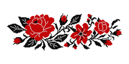 Realistic Cross-Stitch Embroideried Composition with Roses. Ethnic Floral Motif, Handmade Stylization. Traditional Ukrainian Red and Black Embroidery. Ethnic Design Element. Vector 3d Illustrationのイラスト素材