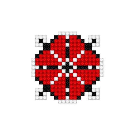 Realistic Cross-Stitch Embroideried Ornate Element. Ethnic Motif, Handmade Stylization. Traditional Ukrainian Red and Black Embroidery. Ethnic Single Design Element. Vector 3d Illustrationのイラスト素材