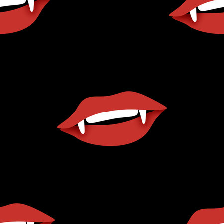 Seamless Pattern with Psyhodelical Print with Vampire Vibes. Surreal Design on Black. Pop Art Cartoon Style with Stains. Endless Texture. Vector 3d Illustrationのイラスト素材