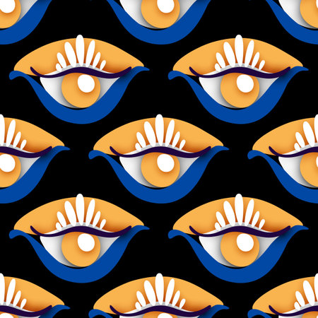 Seamless Pattern with Psyhodelical Print with Demonic Eye with Crown. Surreal Design on Black. Pop Art Cartoon Style with Stains. Endless Texture. Vector 3d Illustrationのイラスト素材
