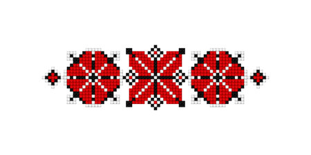 Realistic Cross-Stitch Embroideried Ornate Element. Ethnic Motif, Handmade Stylization. Traditional Ukrainian Red and Black Embroidery. Ethnic Border. Vector 3d Illustrationのイラスト素材