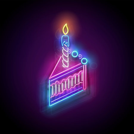 Glow Piece of Holiday Cake with Candle. Happy Birthday Greeting Card. Shiny Neon Light Template for Poster, Banner, Invitation. Glossy Background. Vector 3d Illustrationのイラスト素材