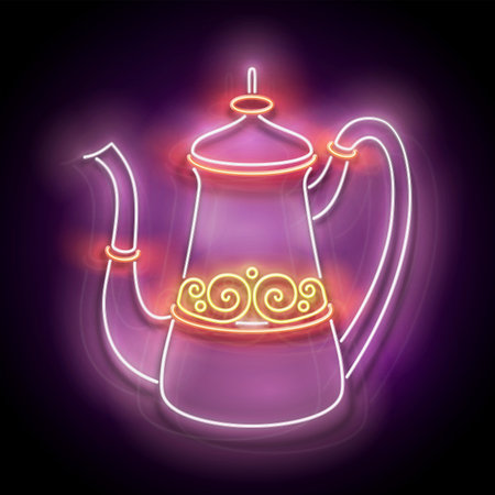 Glow Decorated Turkish Coffee Pot. Cafe Label, Traditional Drink. Neon Poster, Flyer, Banner, Invitation. Glossy Background. Vector 3d Illustrationのイラスト素材