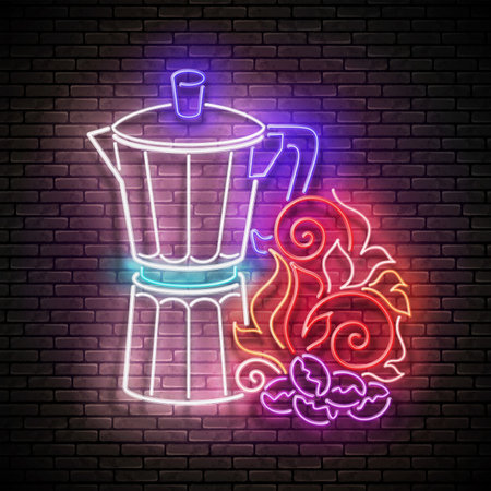 Vintage Glow Signboard with Geyser Coffee Maker Roasted on Fire Coffee Beans. Cafe Label, Morning Drink. Neon Poster, Flyer, Banner, Postcard, Invitation. Brick Wall. Vector 3d Illustrationのイラスト素材