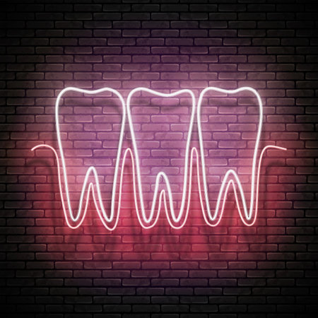 Glow Dentition with White Teeth and Healthy Gum. Dentist Clinic Concept Template. Neon Light Poster, Flyer, Banner, Signboard. Brick Wall. Vector 3d Illustrationのイラスト素材