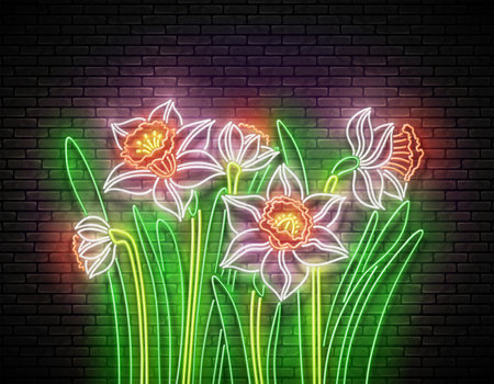Glow Bouquet of Daffodils. Greeting Card Template with  Spring Flowers. Shiny Neon Light Poster, Flyer, Banner, Postcard. Brick Wall. Vector 3d Illustrationのイラスト素材