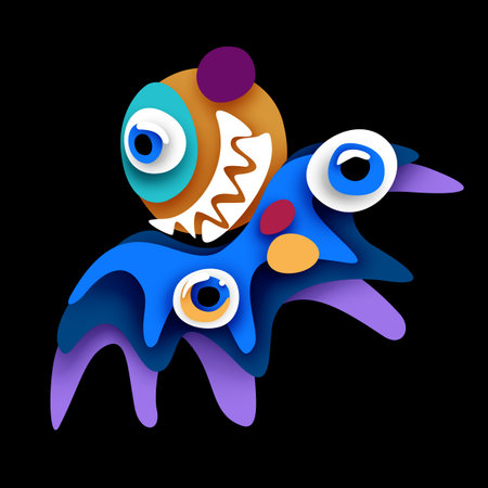 Psyhodelical Print with Flying Monster Vibes. Surreal Design on Black. Pop Art Cartoon Style with Stains. Single Design Element. Vector 3d Illustrationのイラスト素材