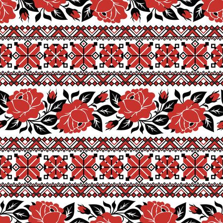 Seamless Pattern with Red Rose Inspired by Ukrainian Traditional Embroidery. Ethnic Floral Motif, Handmade Craft Art. Ethnic Design Element. Horizontal Oriented Stripes. Vector Illustrationのイラスト素材