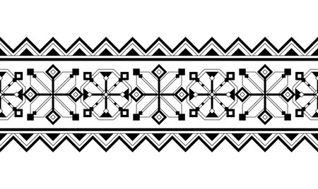 Seamless Border with Ornamental Composition Inspired by Ukrainian Traditional Embroidery. Ethnic Motif, Handmade Craft Art. Ethnic Design Element. Coloring Book Page. Vector Contour Illustrationのイラスト素材