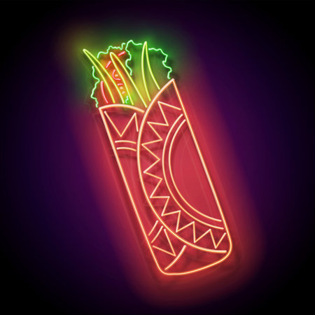 Glow Mexican chimichanga. Traditional ethnic food, appetizer. Neon Light Poster, Flyer, Banner, Signboard. Glossy Background. Vector 3d Illustrationのイラスト素材