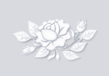 White Rose Inspired by Stucco. Vintge Floral Motif, Handmade Craft Art. Realistic 3d Imitation. Single Design Element. Vector 3d Illustrationのイラスト素材