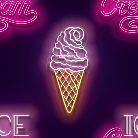 Seamless pattern with glow Ice Cream Cone, Ball and Inscription. Sweet Dessert Concept. Neon Light Texture, Signboard. Glossy Background. Vector 3d Illustrationのイラスト素材